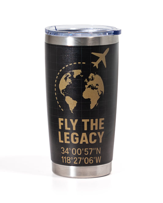 Black tumbler with 'Fly The Legacy' text and world map design on a white background
