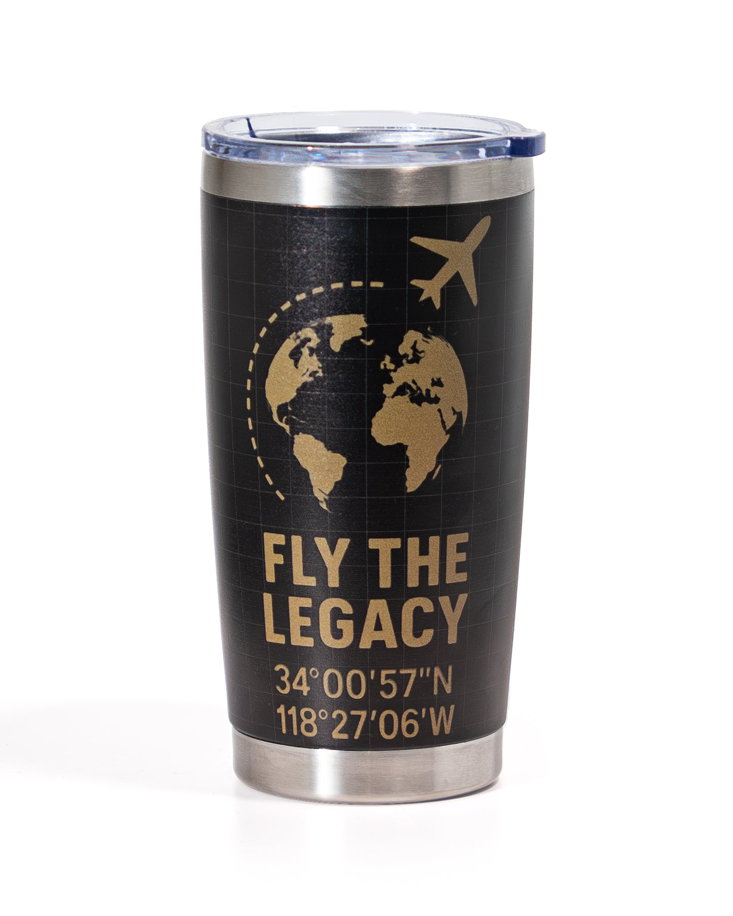Black tumbler with 'Fly The Legacy' text and world map design on a white background