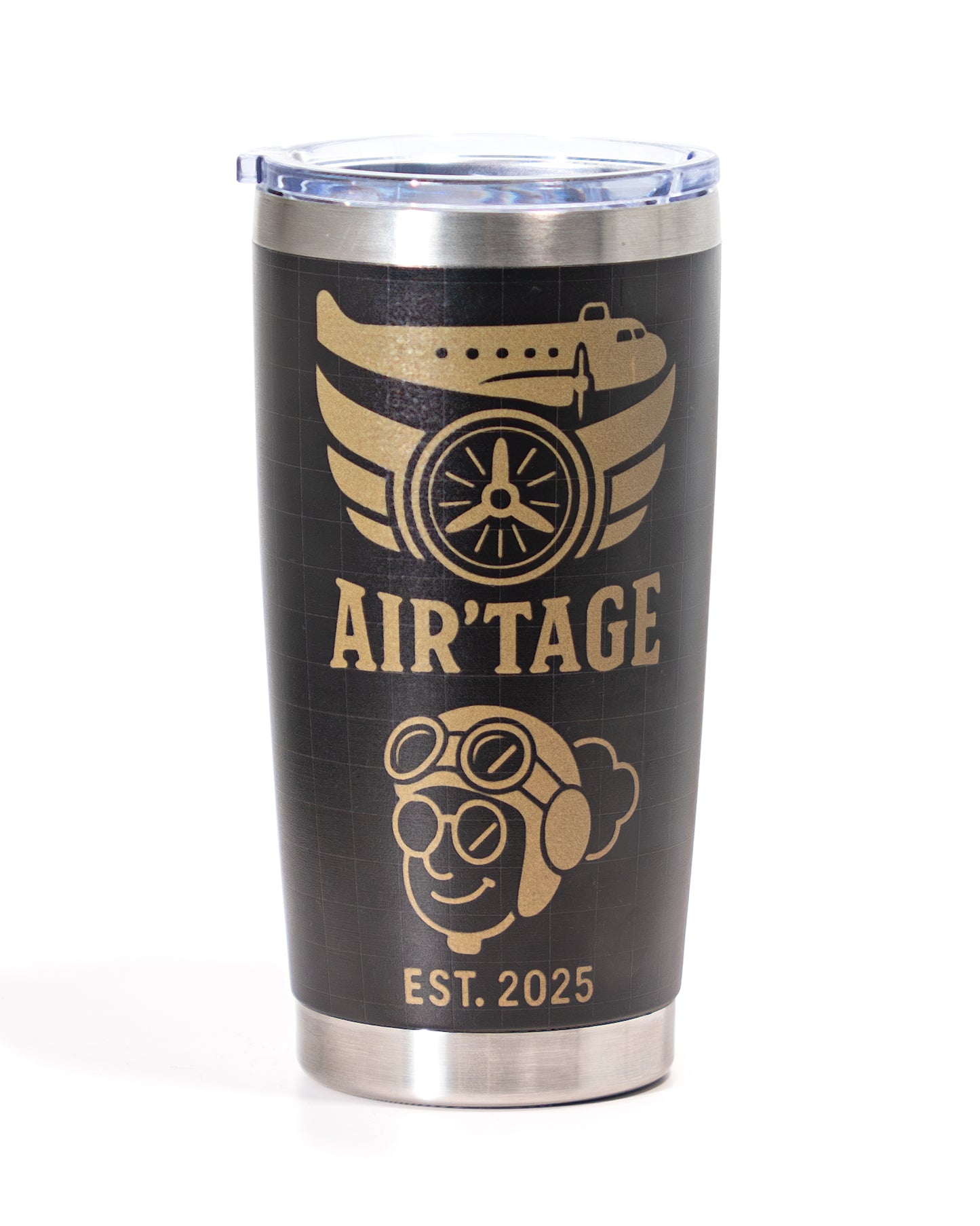 Black tumbler with gold 'AIR'TAGE' branding and airplane design on a white background