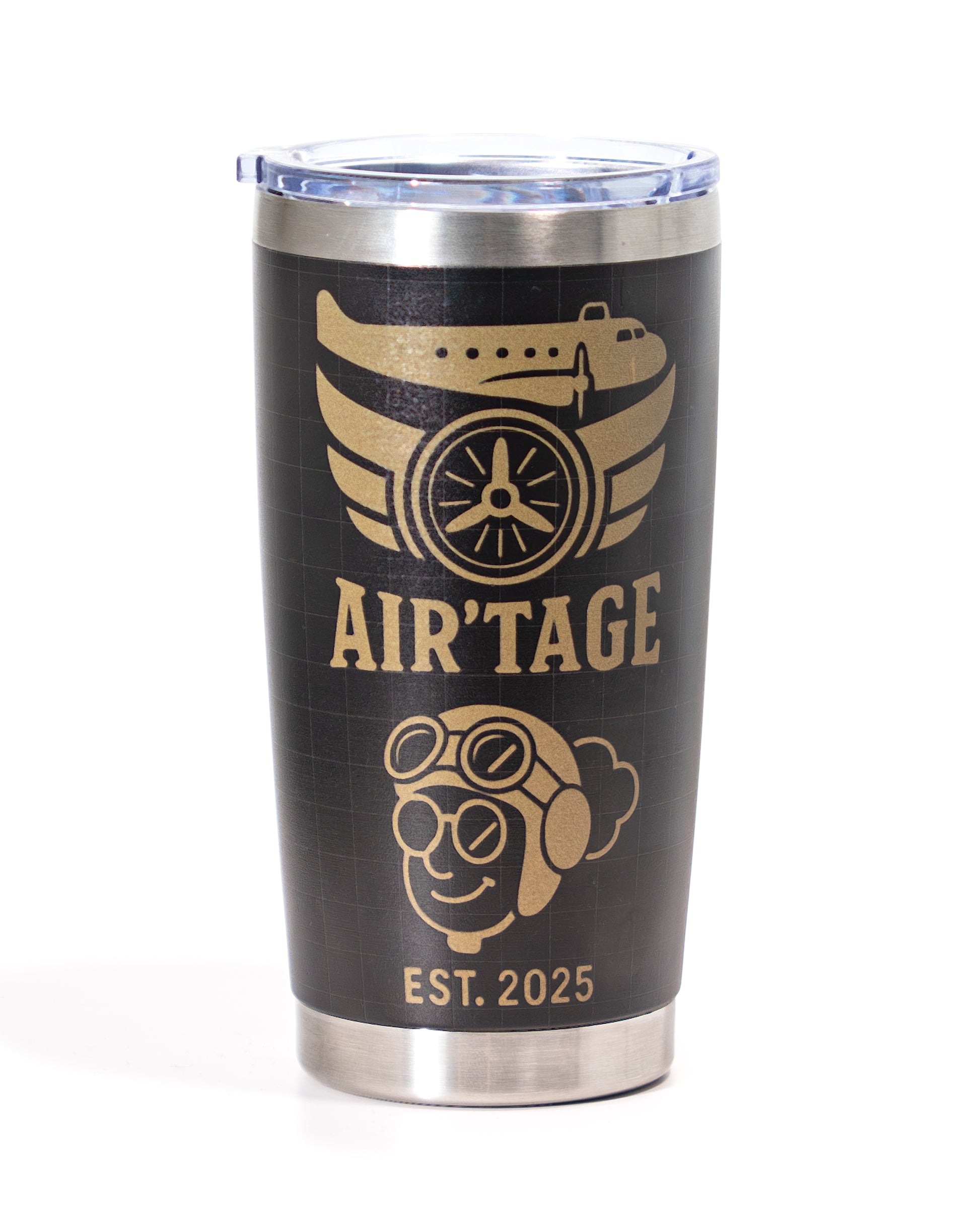 Black tumbler with gold 'AIR'TAGE' branding and airplane design on a white background